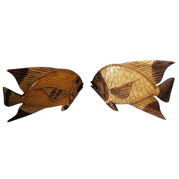 Unbranded Other - Vintage Pair of Wood Carved Fish Detailed Scales Sculpture 9" x 6"